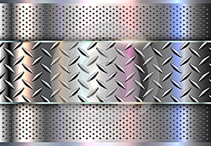 Silver metallic background, shiny and lustrous metal banner on perforated pattern back photo