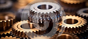 Silver metallic engine gear wheels close up on industrial background, mechanical engineering concept