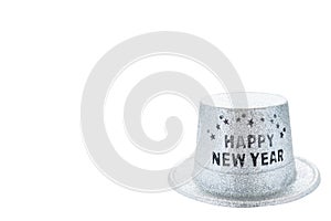 Silver metallic happy new year party hat isolated on white background, clipping path. copy space of your text