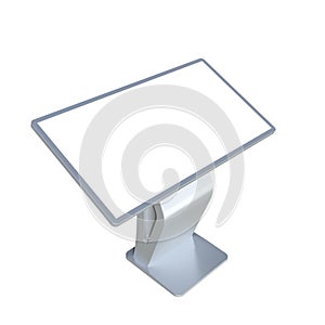 Silver Metallic Interactive Information Terminal. Isometric View of a Touch Screen Kiosk Stand