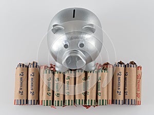 Silver Metallic Piggy Bank With Wrapped Coins