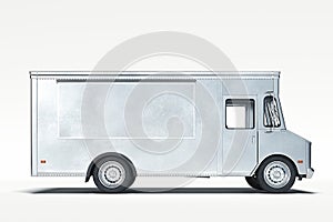 Silver metallic realistic food truck isolated on white. 3d rendering.