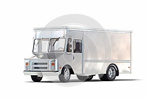 Silver metallic realistic food truck isolated on white. 3d rendering.