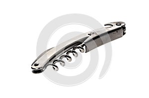 Silver metallic wine corkscrew bottle opener on white background