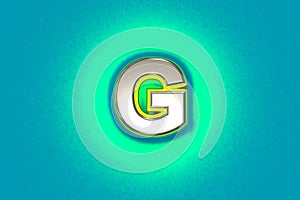 Silver metalline font with yellow outline and green noisy backlight - letter G isolated on teal background, 3D illustration of