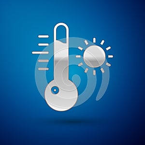 Silver Meteorology thermometer measuring icon isolated on blue background. Thermometer equipment showing hot or cold