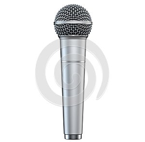 Silver microphone, isolated on white background, 3D render, vertical view.