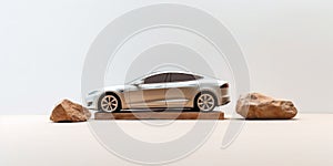 A silver model of a car on a rock. Generative AI image.