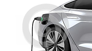 silver modern electric car charging close up on white background