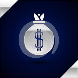 Silver Money bag icon isolated on dark blue background. Dollar or USD symbol. Cash Banking currency sign. Vector