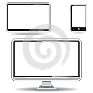 Silver monitor, tablet and smart phone