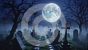 Silver Moonlit Graveyard with Mystical Atmosphere