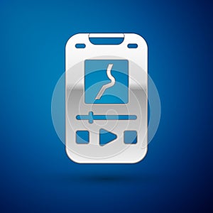 Silver Music player icon isolated on blue background. Portable music device. Vector