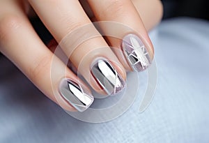 silver nail manicure with metallics in womens hands.