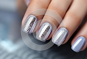 silver nail manicure with metallics in womens hands.