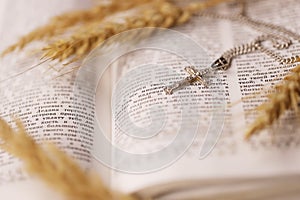 Silver necklace with crucifix cross on christian holy bible book on black wooden table. Asking blessings from God with the power