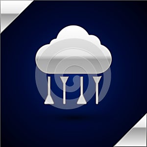 Silver Network cloud connection icon isolated on dark blue background. Social technology. Cloud computing concept