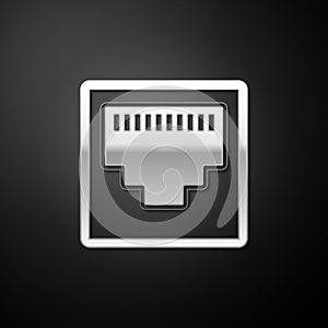 Silver Network port - cable socket icon isolated on black background. LAN port icon. Ethernet simple icon. Local area connector