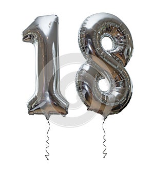 Silver number 18 party balloons isolated on a white background