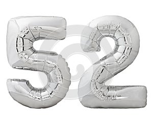 Silver number 52 fifty two made of inflatable balloon isolated on white