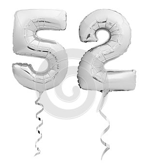 Silver number fifty two 52 made of inflatable balloon with ribbon on white