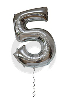 Silver number five party balloon isolated on a white background