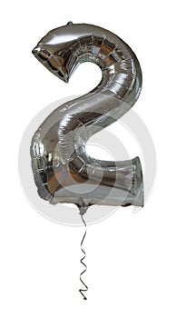 Silver number two party balloon isolated on a white background