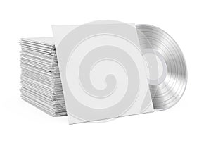 Silver Old Vinyl Record Disk in Blank Paper Case with Free Space for Your Design near Stack of Record Disk. 3d Rendering