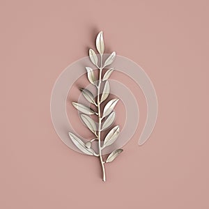 Silver olive branche sculpture on pastel pink background. 3d rendering photo