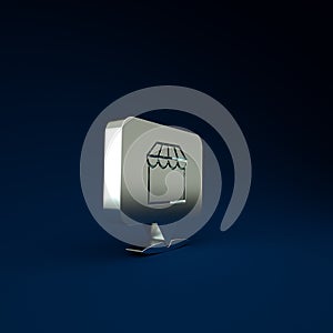 Silver Online shopping concept. Buy on screen laptop icon isolated on blue background. Concept e-commerce, online