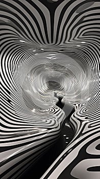 Silver Op Art Cave: Abstract Black And White Striped Tunnel
