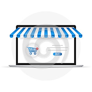 Silver open laptop with and screen buy. Concept online shopping.