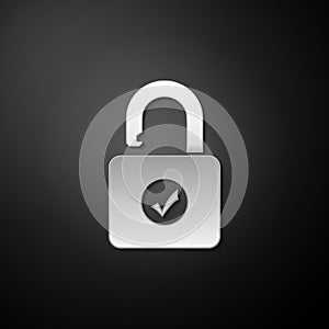 Silver Open padlock icon isolated on black background. Opened lock sign. Cyber security concept. Digital data protection