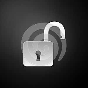 Silver Open padlock icon isolated on black background. Opened lock sign. Cyber security concept. Digital data protection