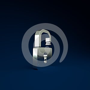 Silver Open padlock icon isolated on blue background. Opened lock sign. Cyber security concept. Digital data protection