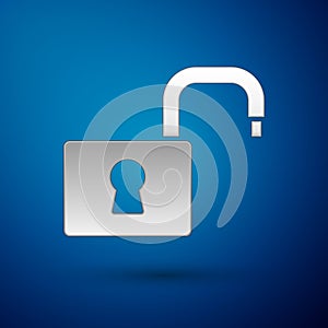 Silver Open padlock icon isolated on blue background. Opened lock sign. Cyber security concept. Digital data protection