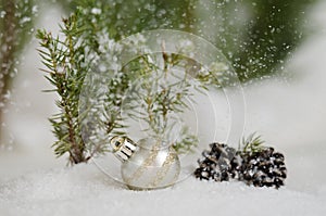 Silver ornament in the snow fall