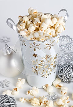Silver ornaments and white Christmas popcorn