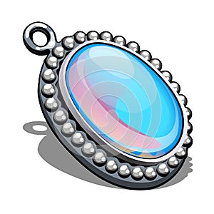 Silver oval pendant with inlaid moonstone in the style cabochon isolated on white background. An instance of boutique