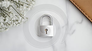 silver padlock on a white keyboard at a modern office desk