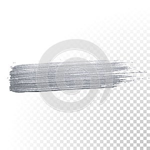 Silver paint brush stroke or abstract dab smear with silver glitter smudge texture on transparent background. Vector isolated glit