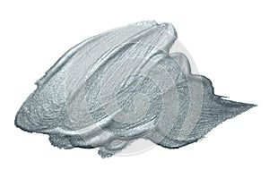 Silver paint brush stroke or abstract dab smear with silver glitter smudge texture on white background. Isolated glittering and sp