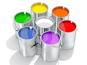 Silver Paint Buckets - Color wheel - 3D Rendering