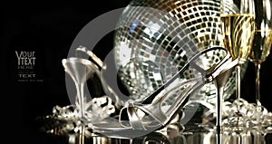 Silver party shoes with champagne glasses