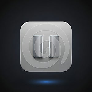 Silver pause button icon on a square, metallic background with rounded corners. The