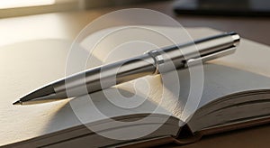 Silver Pen on Open Notebook Closeup