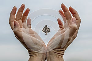 A silver pendant in the shape of a tree of life floats in the air between the palms of a woman's hands