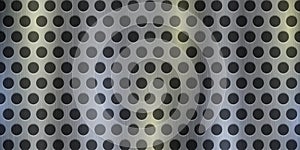 Silver perforated metal background. Gray brushed stainless steel vector pattern. Iron gradient texture with black circles