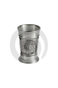 Silver or pewter wine goblet with bas-relief and inscription - Year 1910. Isolated on a white background. Photo with a