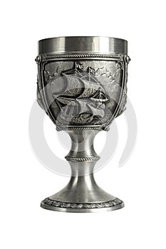 Silver or pewter wine goblet bas-relief ship at sea.